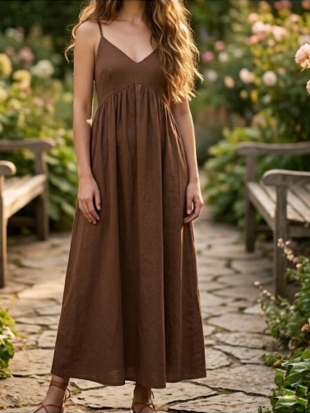 o.p.t. Classic Brown Spaghetti-Strap Maxi Dress - Timeless Summer Style Size L